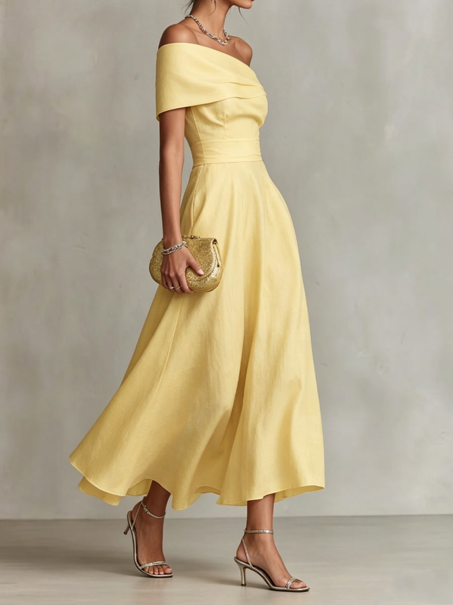 Nerea | Vestido Midi Off-Shoulder con Falda Evasé y Drapeado