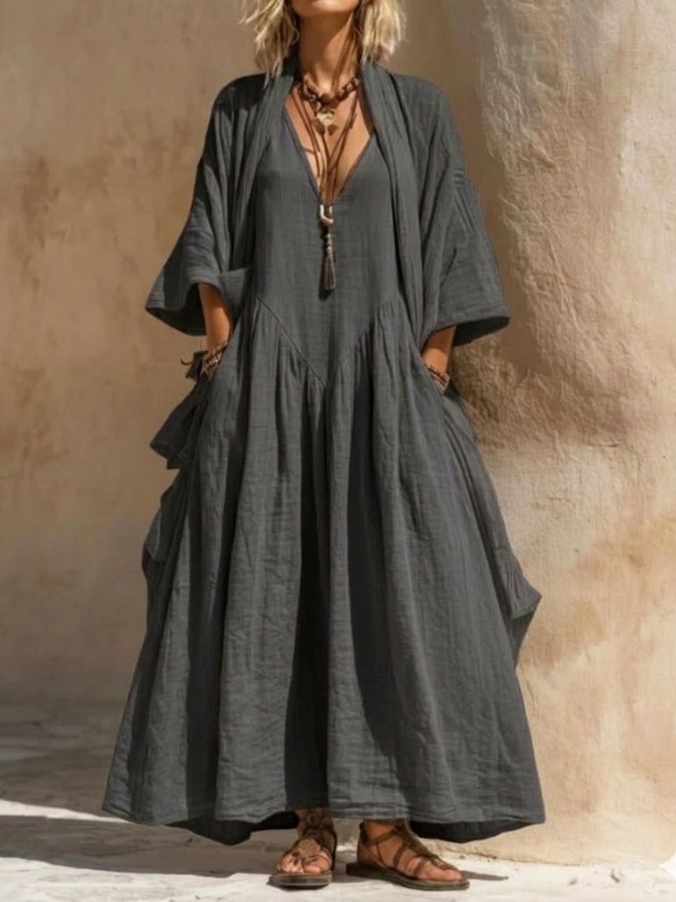 Adriana | Vestido Maxi Oversize de Lino con Manga Amplia y Bolsillos