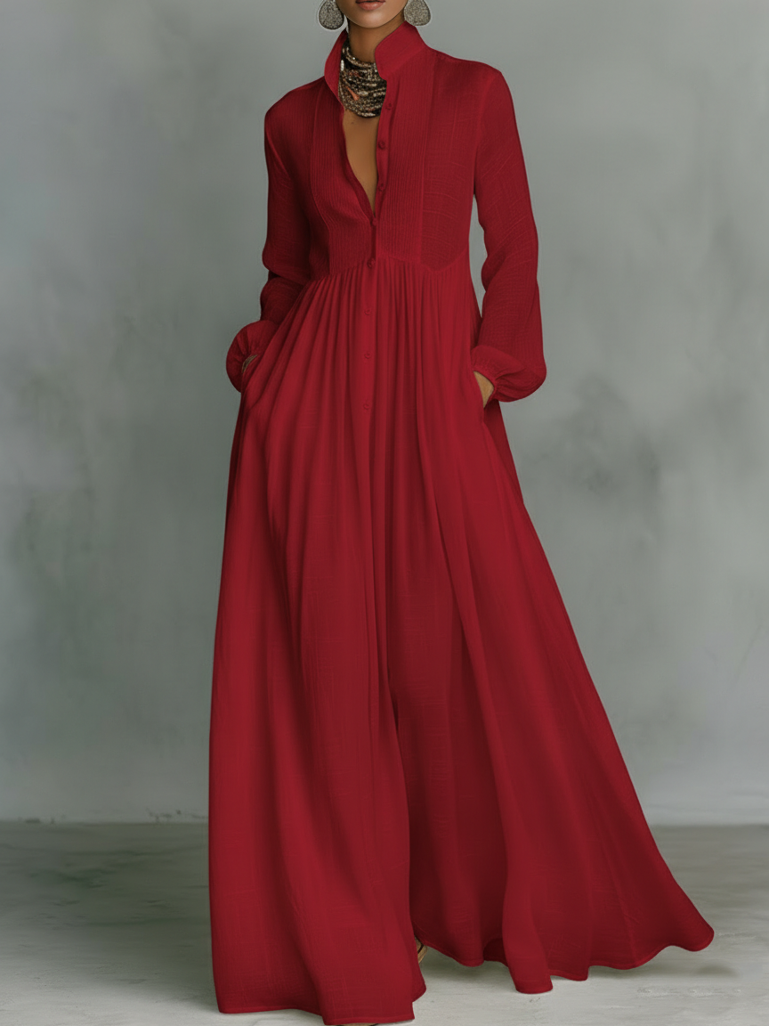 Lucía | Vestido Maxi Camisero de Manga Larga con Falda Amplia y Bolsillos
