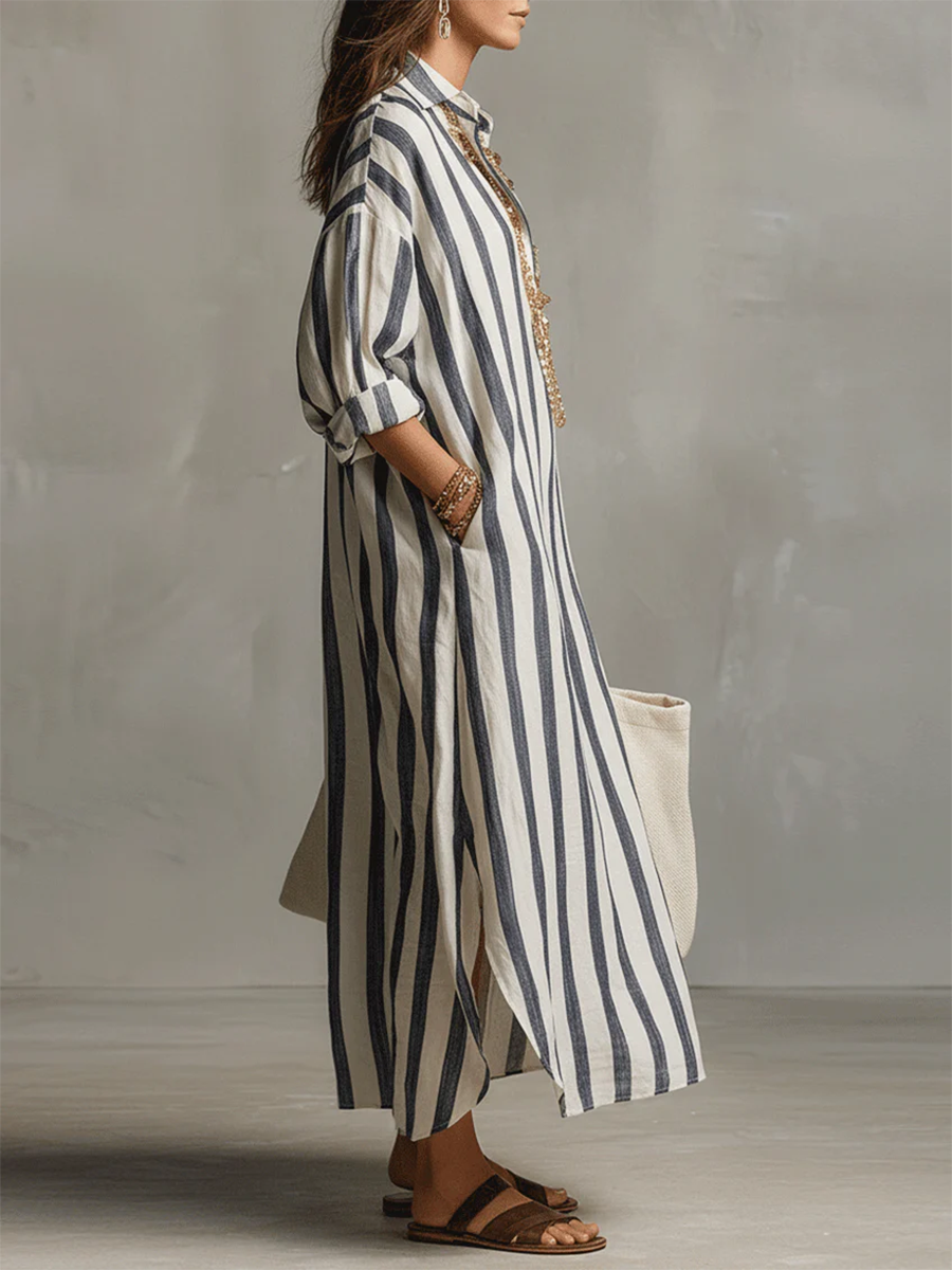 Valeria | Vestido Maxi Camisero de Lino a Rayas con Bajo Asimétrico y Bolsillos
