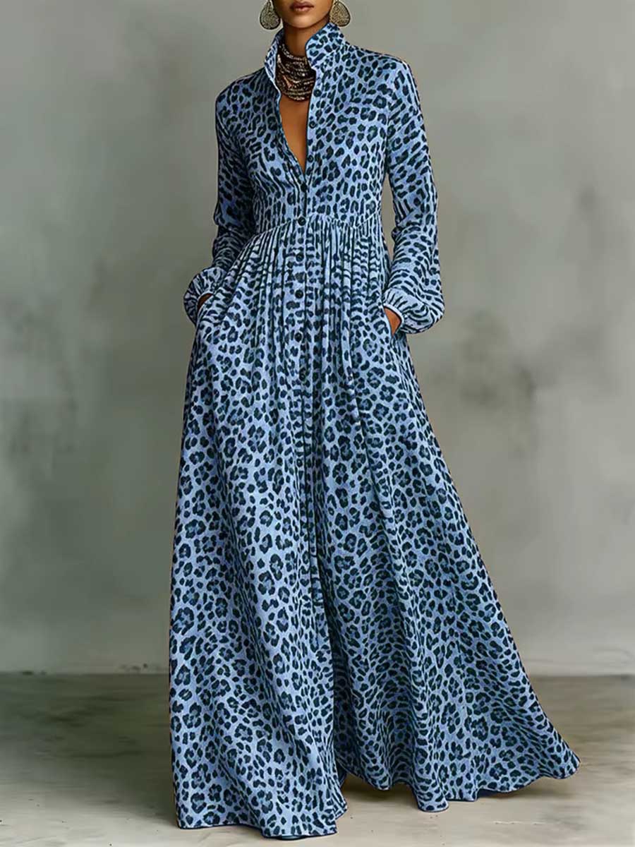 Nerea | Vestido Maxi Camisero de Manga Larga con Falda Amplia y Estampado Animal