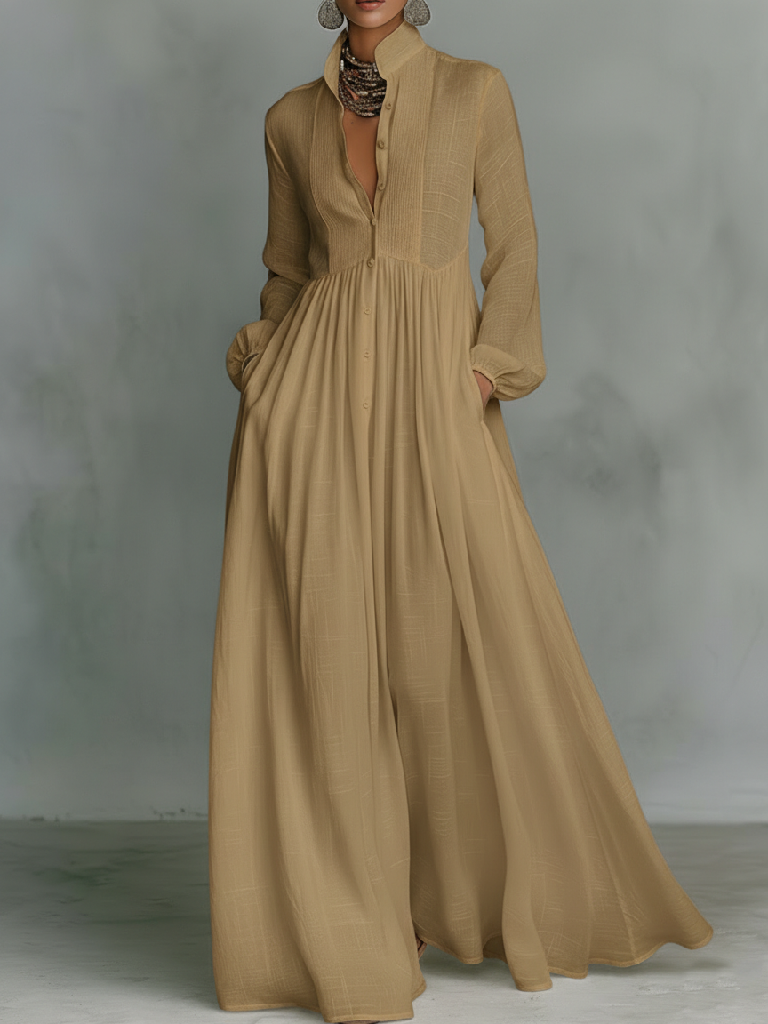 Lucía | Vestido Maxi Camisero de Manga Larga con Falda Amplia y Bolsillos