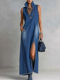 Adriana | Vestido Maxi Vaquero sin Mangas con Cuello Camisero y Abertura Lateral