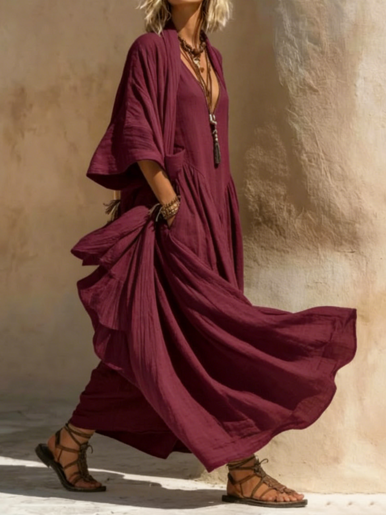 Adriana | Vestido Maxi Oversize de Lino con Manga Amplia y Bolsillos
