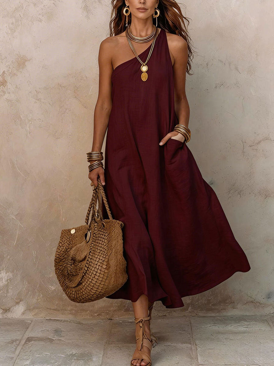 Sofía | Vestido Midi de Lino One-Shoulder con Bolsillos