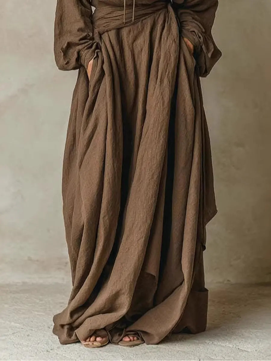 Valeria | Vestido Maxi Oversized de Manga Amplia con Cinturón en Marrón