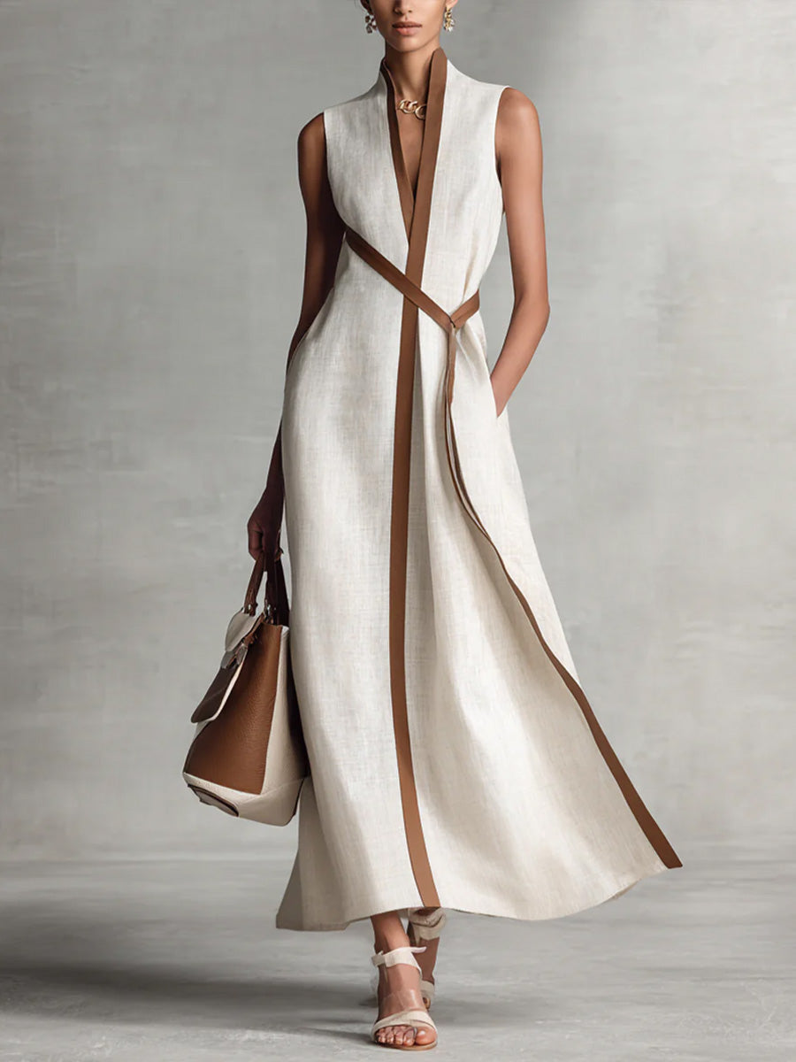 Lucía | Vestido Maxi sin Mangas con Vivos en Camel y Escote V Cruzado
