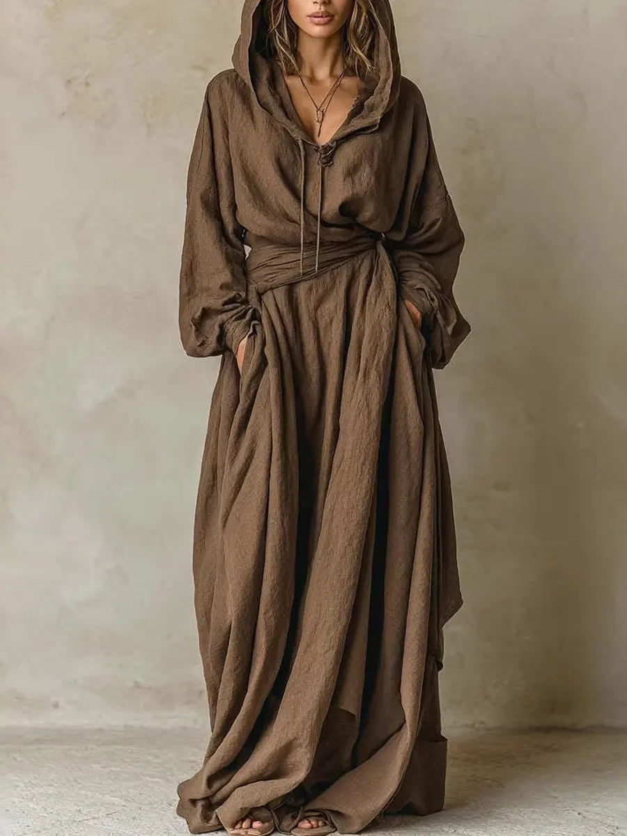 Valeria | Vestido Maxi Oversized de Manga Amplia con Cinturón en Marrón