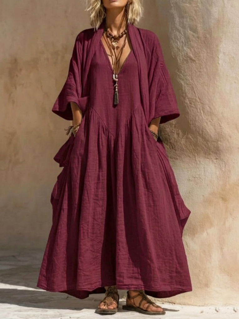 Adriana | Vestido Maxi Oversize de Lino con Manga Amplia y Bolsillos