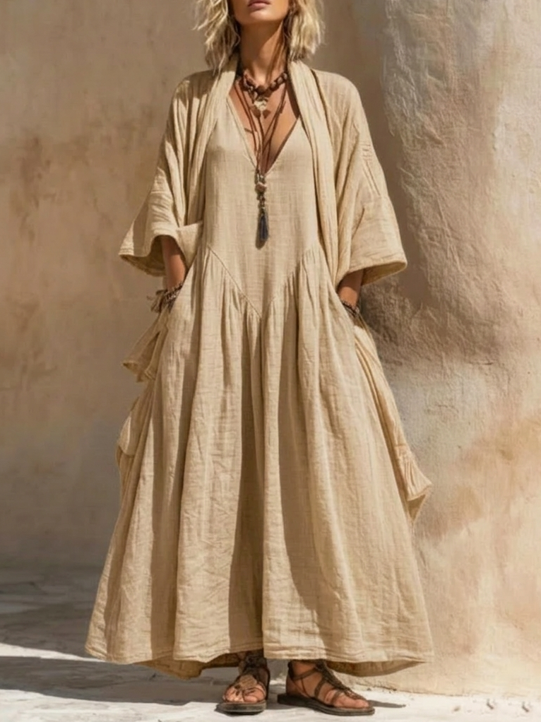 Adriana | Vestido Maxi Oversize de Lino con Manga Amplia y Bolsillos
