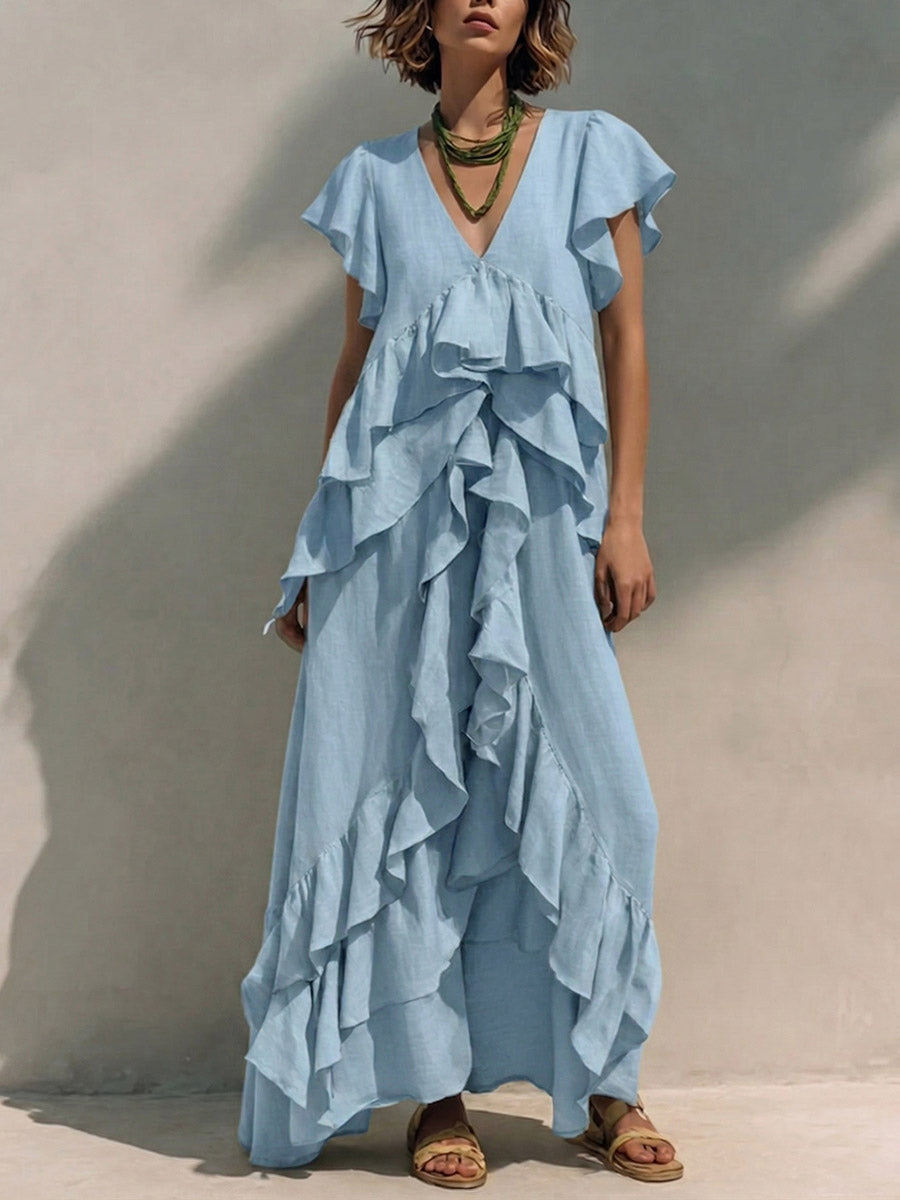Valeria | Vestido Maxi en Tejido Fluido con Escote en V y Volantes en Capas