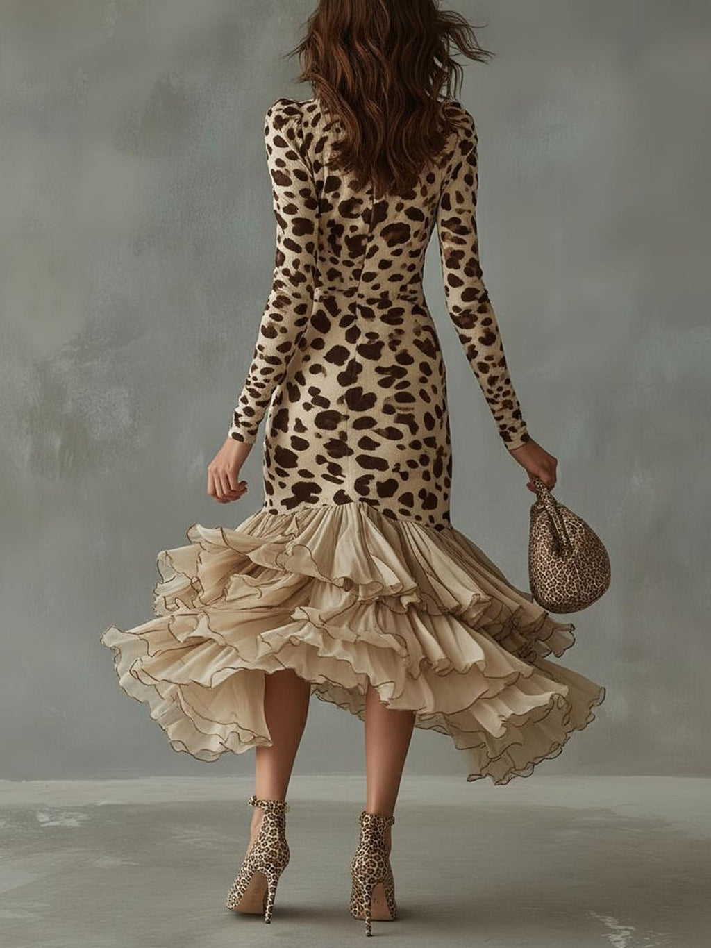 Isabel | Vestido Midi Animal Print con Falda de Tul y Volantes