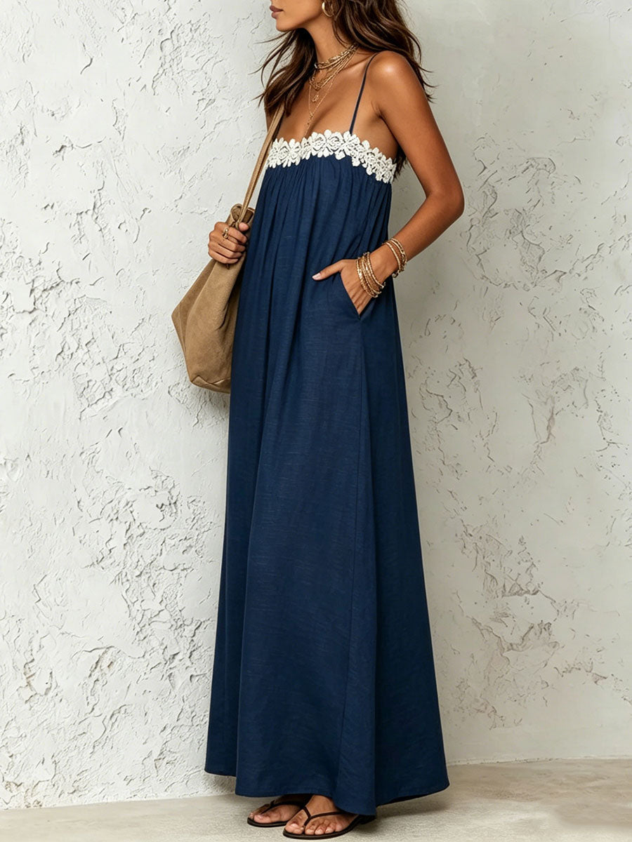 Elena | Vestido Maxi de Tirantes con Detalle en Encaje y Bolsillos
