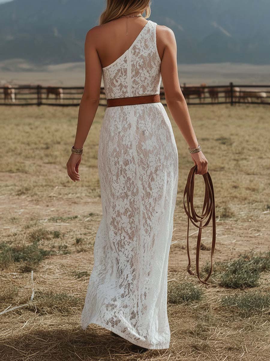 Lucía | Vestido Maxi Blanco con Encaje Floral, Cinturón y Abertura Frontal