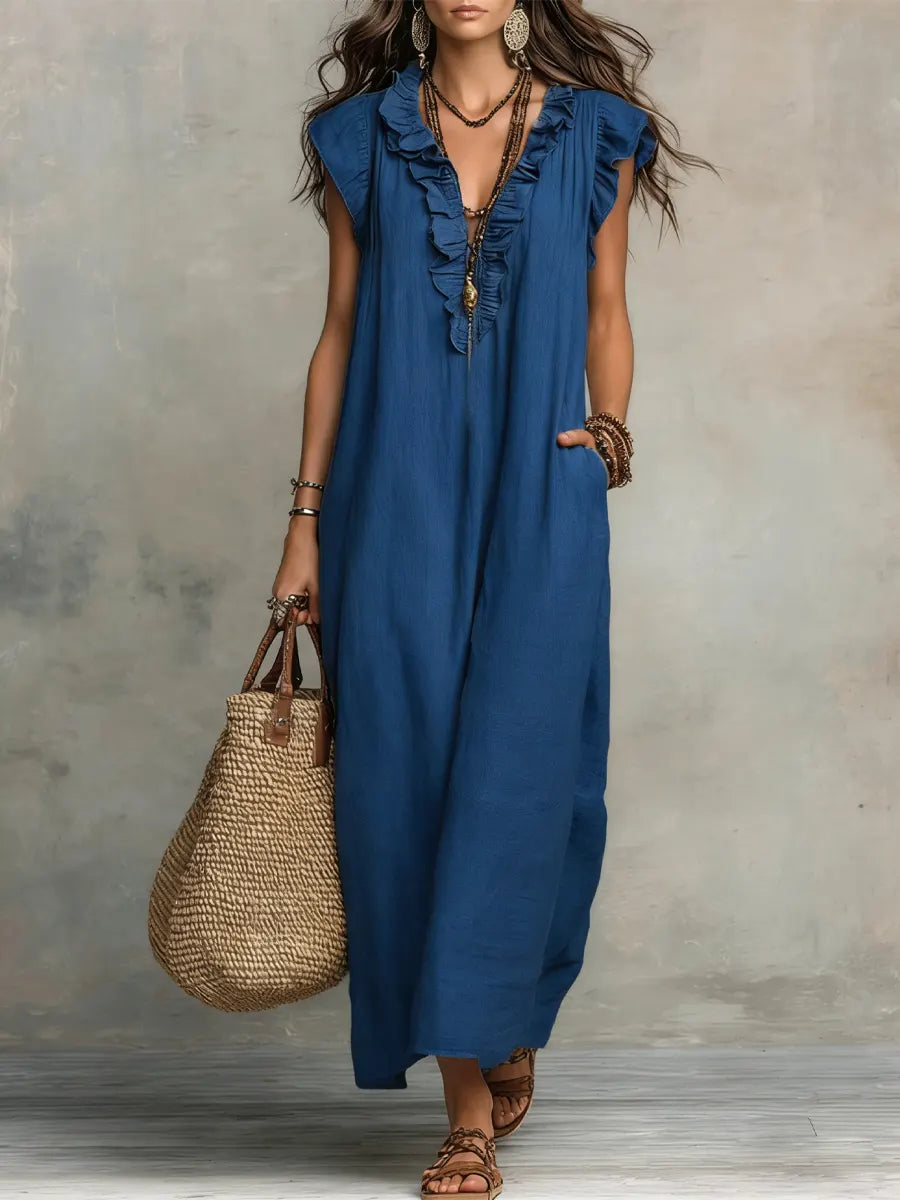 Valeria | Vestido Maxi Camisero de Lino con Manga con Volante y Escote V con Lazo