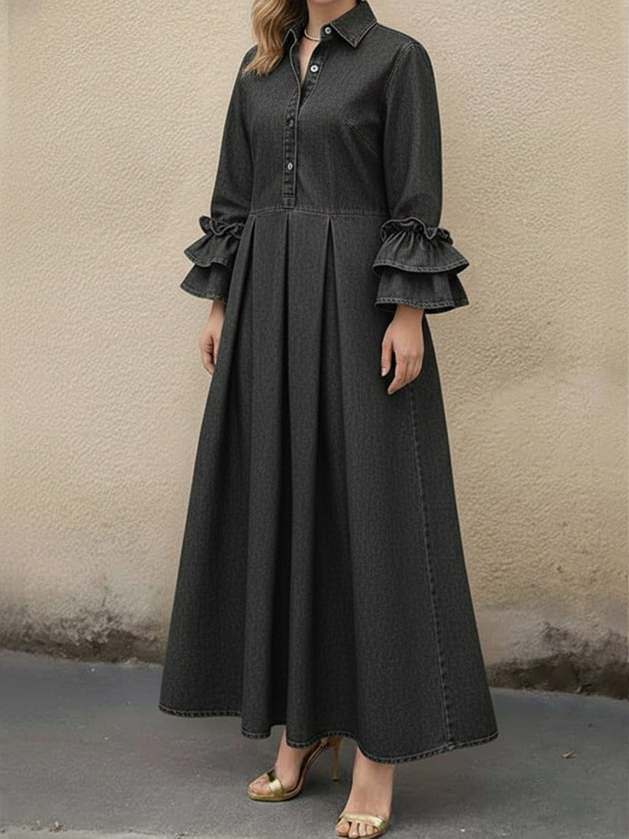 Lucía | Vestido Maxi Camisero con Manga Bufante y Falda Plisada