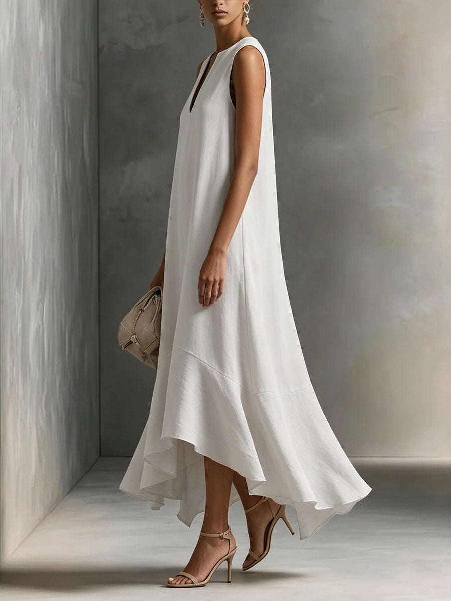 Adriana | Vestido Maxi de Tejido Satinado con Escote en V y Bajo Irregular