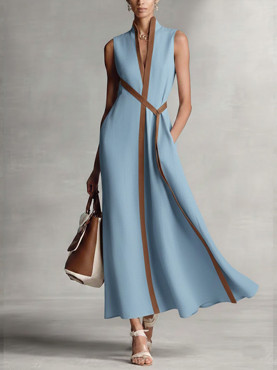 Lucía | Vestido Maxi sin Mangas con Vivos en Camel y Escote V Cruzado