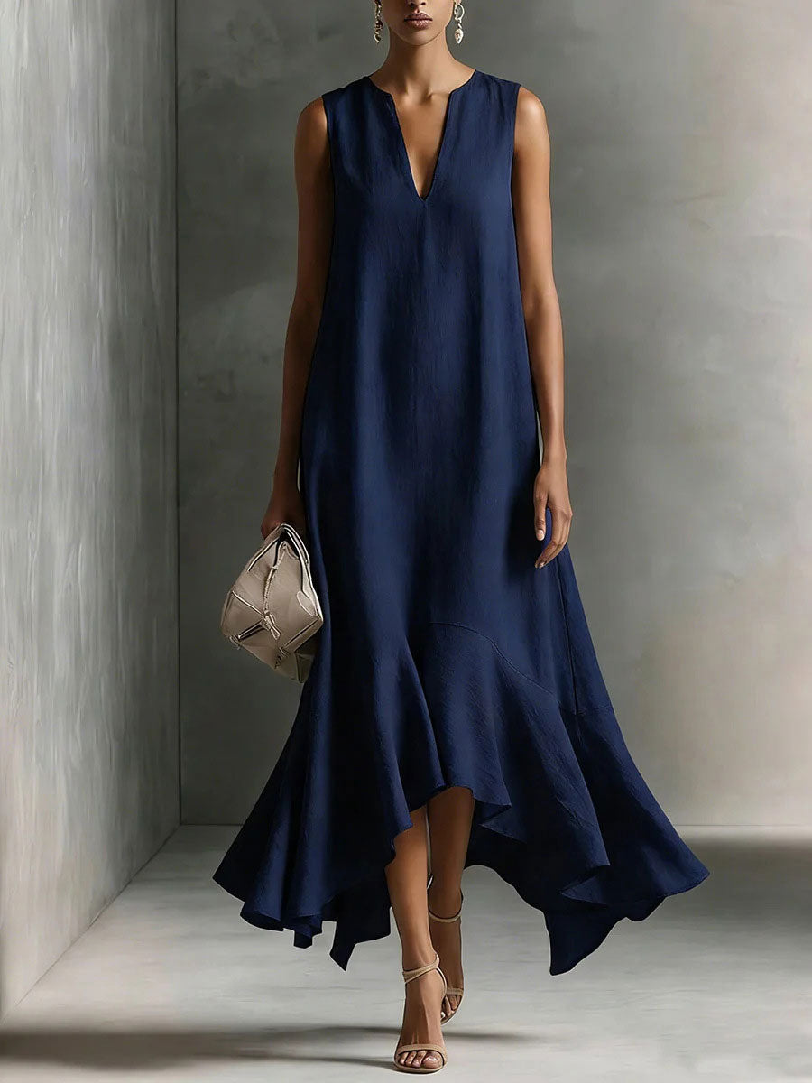 Adriana | Vestido Maxi de Tejido Satinado con Escote en V y Bajo Irregular