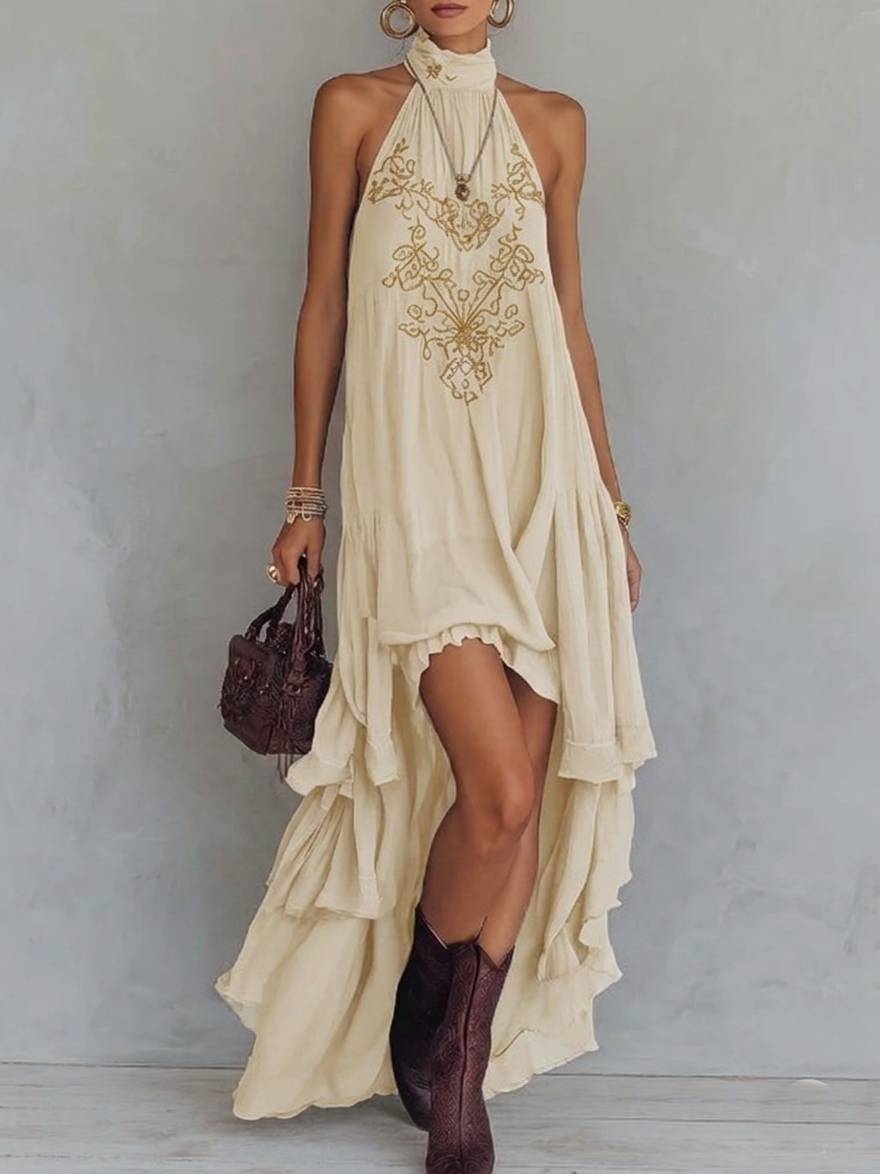 Elena | Vestido Halter con Corpete Bordado y Falda Asimétrica en Chiffon