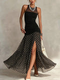 Nerea | Vestido Maxi Halter con Falda de Chiffon en Lunares y Abertura Lateral