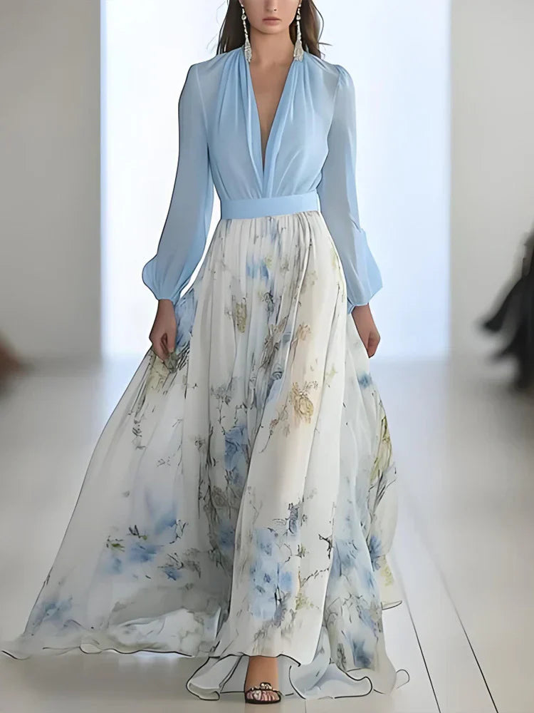 Isabel | Vestido Maxi Bicolor con Top de Manga Bufante y Falda Floral en Chiffon