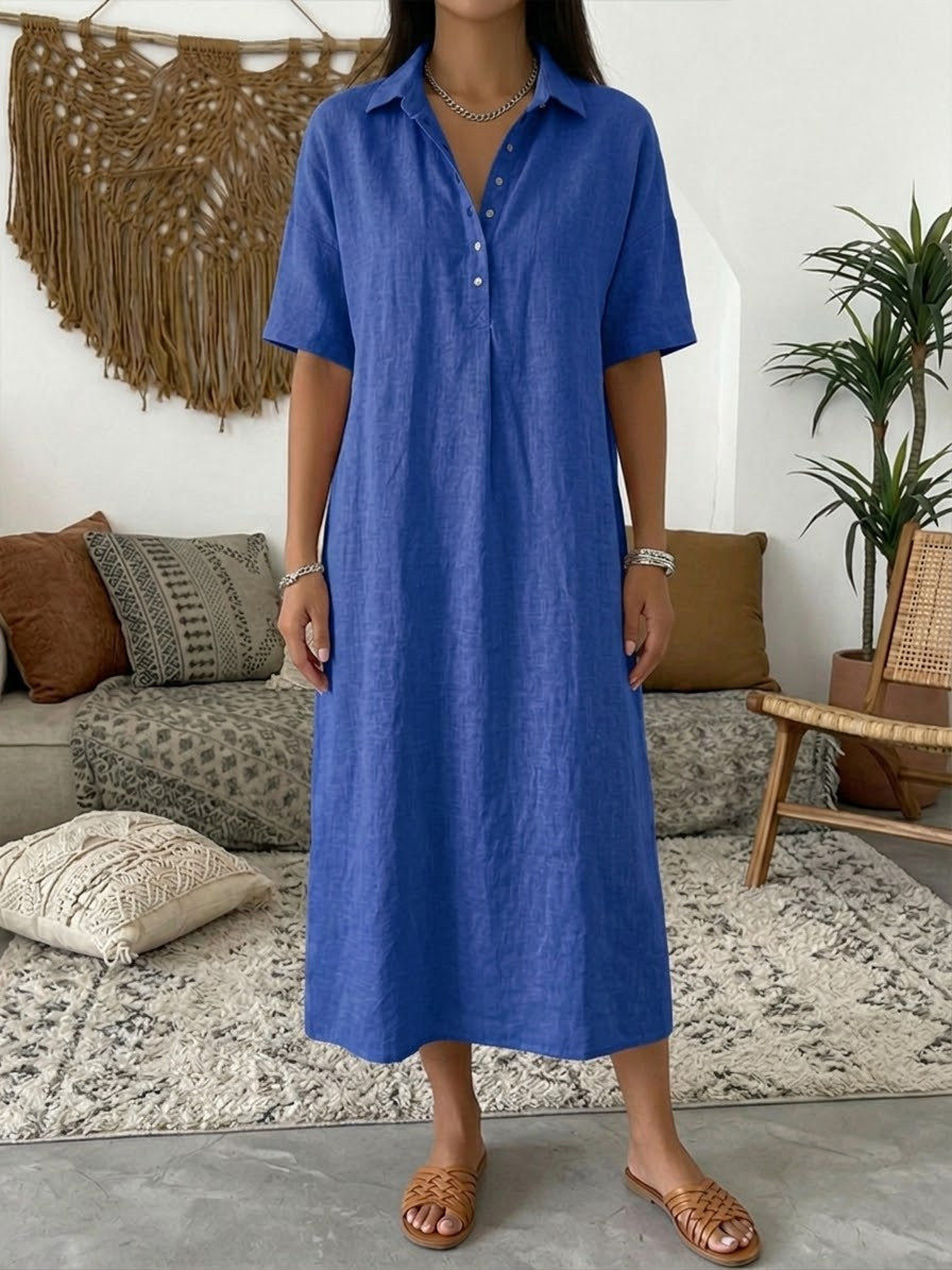 Carmen | Vestido Maxi Camisero de Lino con Manga Corta y Botonadura Frontal