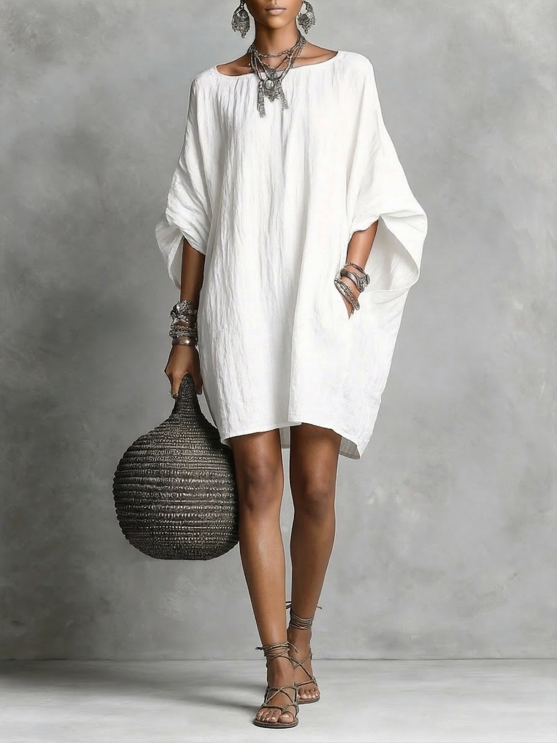 Carmen | Vestido Túnica Oversized de Lino con Manga Murciélago y Cuello Redondo