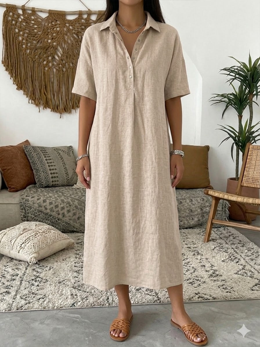 Carmen | Vestido Maxi Camisero de Lino con Manga Corta y Botonadura Frontal
