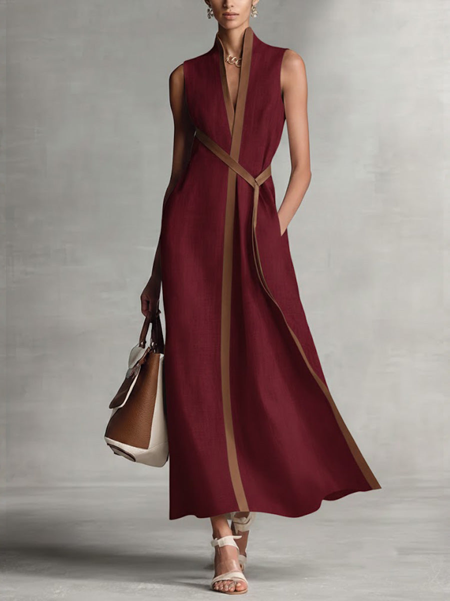 Lucía | Vestido Maxi sin Mangas con Vivos en Camel y Escote V Cruzado