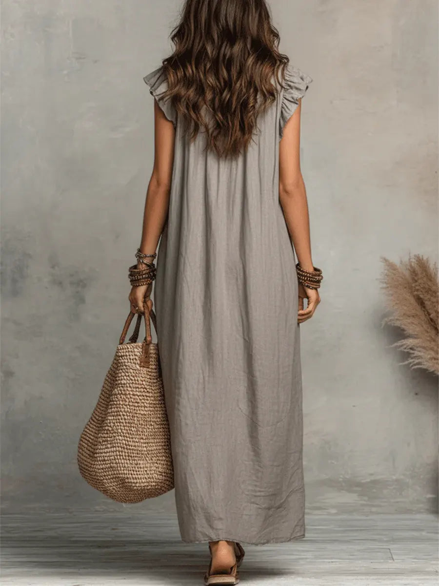 Valeria | Vestido Maxi Camisero de Lino con Manga con Volante y Escote V con Lazo