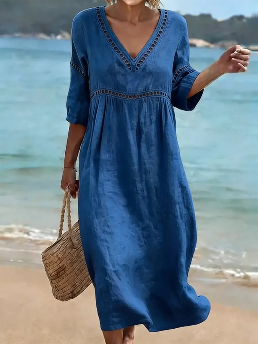 Sofía | Vestido Maxi Boho de Lino con Escote V y Manga Larga Suelta