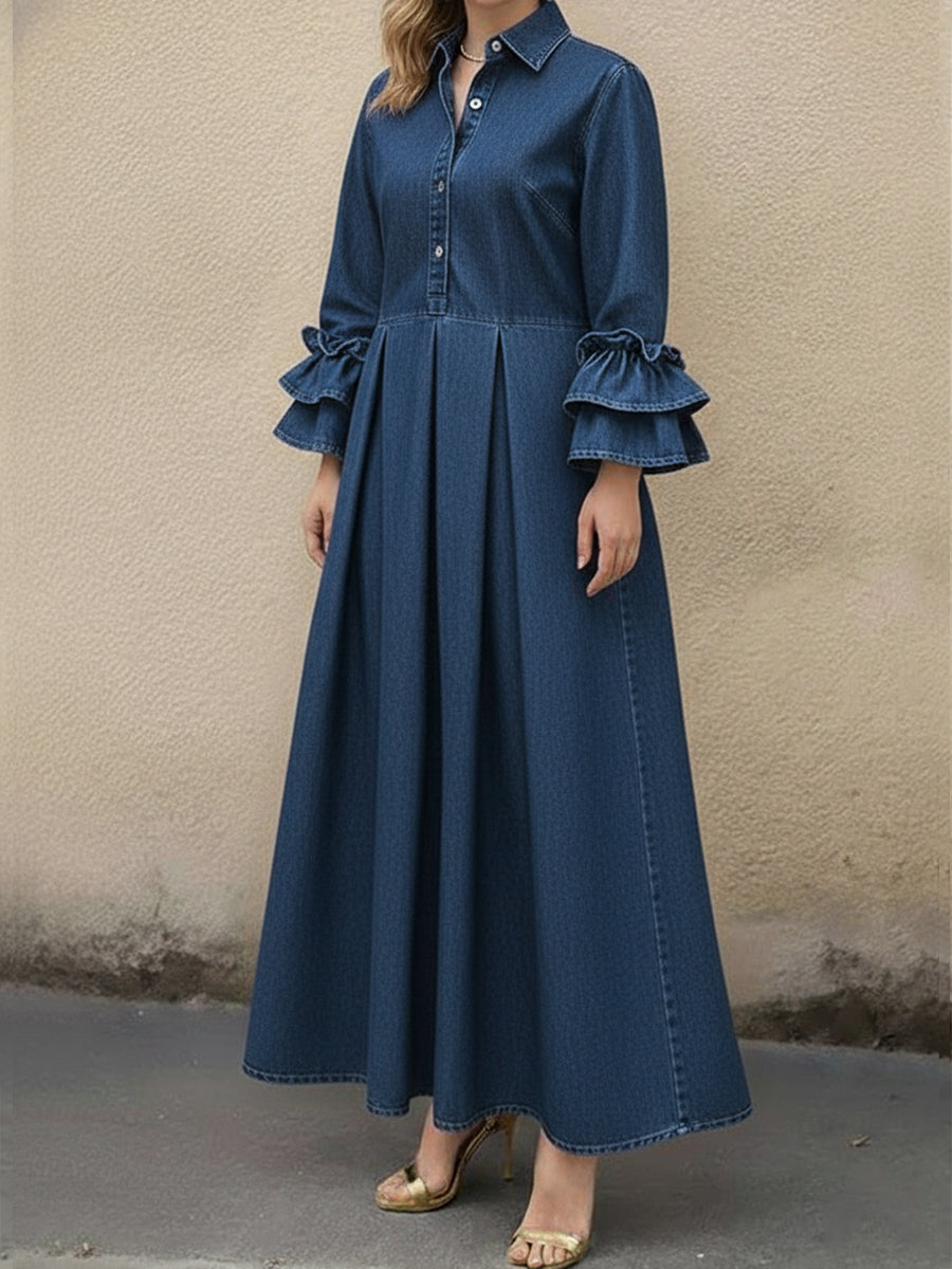 Lucía | Vestido Maxi Camisero con Manga Bufante y Falda Plisada