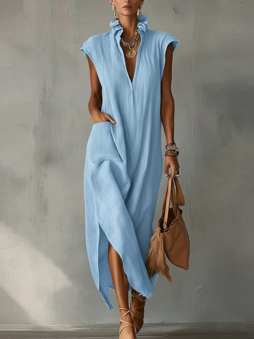 Nerea | Vestido Midi de Lino sin Mangas con Cuello Camisero y Bajo Asimétrico