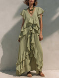 Valeria | Vestido Maxi en Tejido Fluido con Escote en V y Volantes en Capas