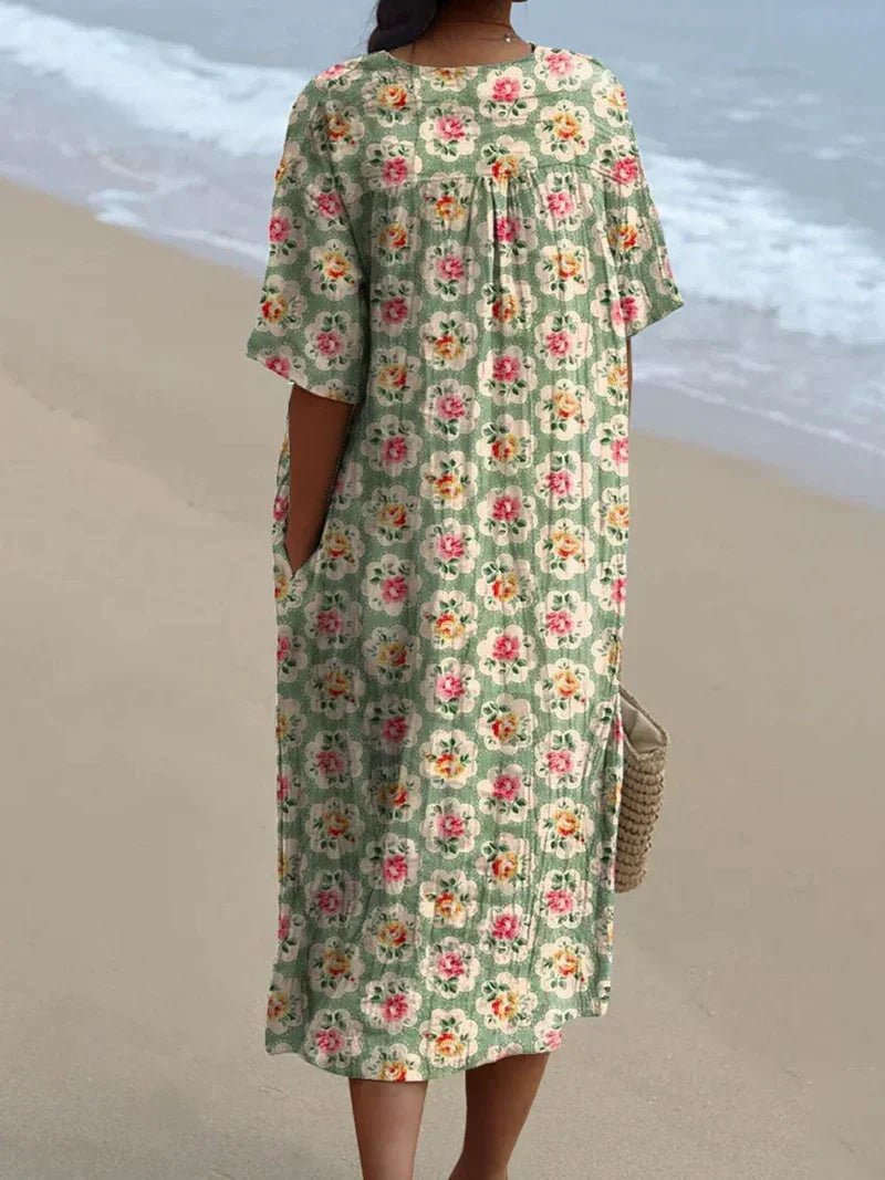 Francisca - Vestido Floral Retro en Verde Agua